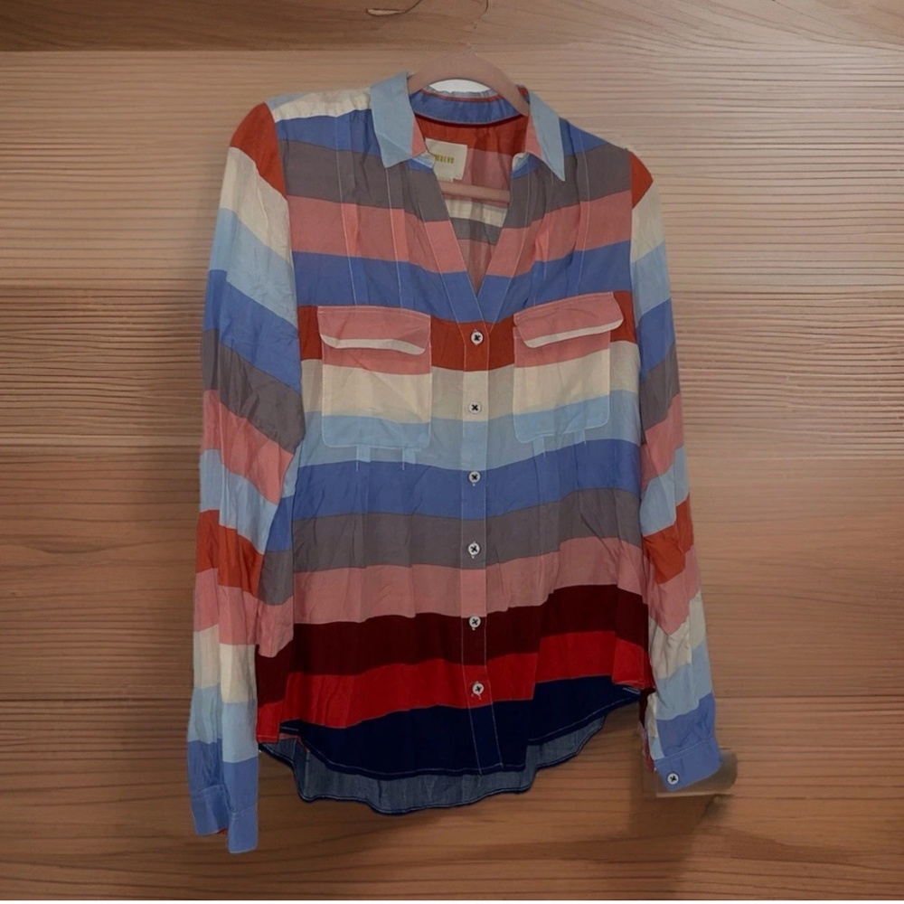 Anthropologie Maeve Wynwood Color Block Long Sleeve Button Down Top 8 Boho Coast